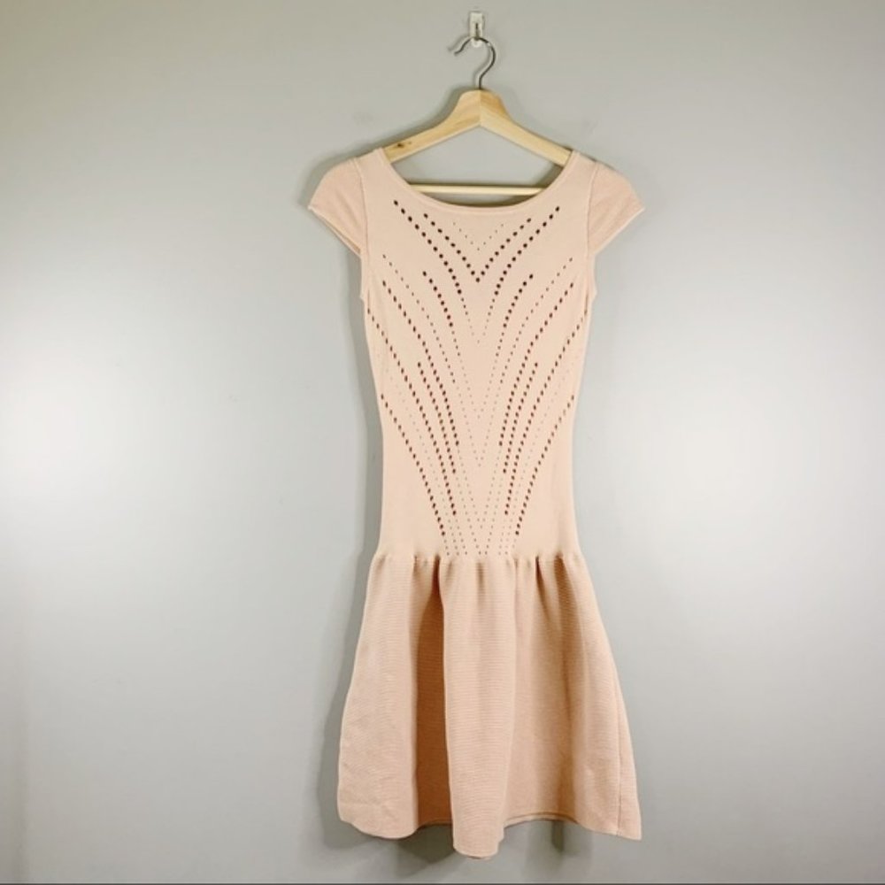 Maje Majeeryne Knit Fitted Lazer Mini Dress Light Pink Flare Ruffle 2 EU 38 M - Picture 2 of 11